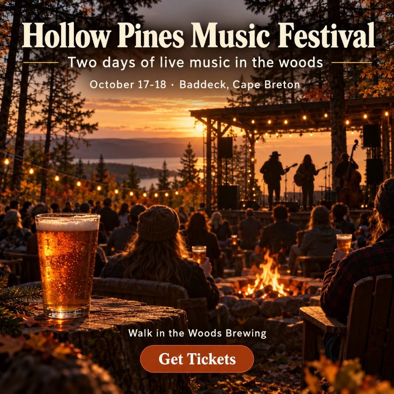 A Facebook ad for the Hollow Pines Music Festival: two days of live music in the woods, October 17-18, Baddeck, Cape Breton, with a Get Tickets button