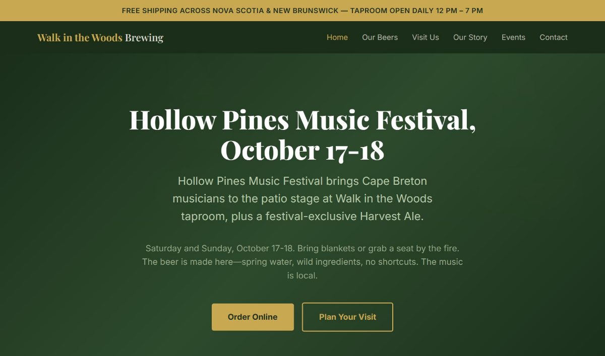 The same homepage with Lens: the headline reads Hollow Pines Music Festival, October 17-18, and the intro describes the festival