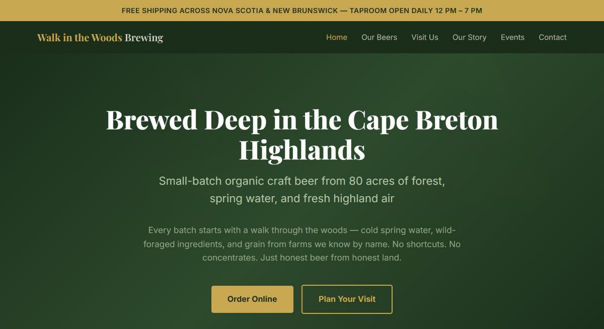The brewery homepage without Lens: the headline reads Brewed Deep in the Cape Breton Highlands, with nothing about the festival